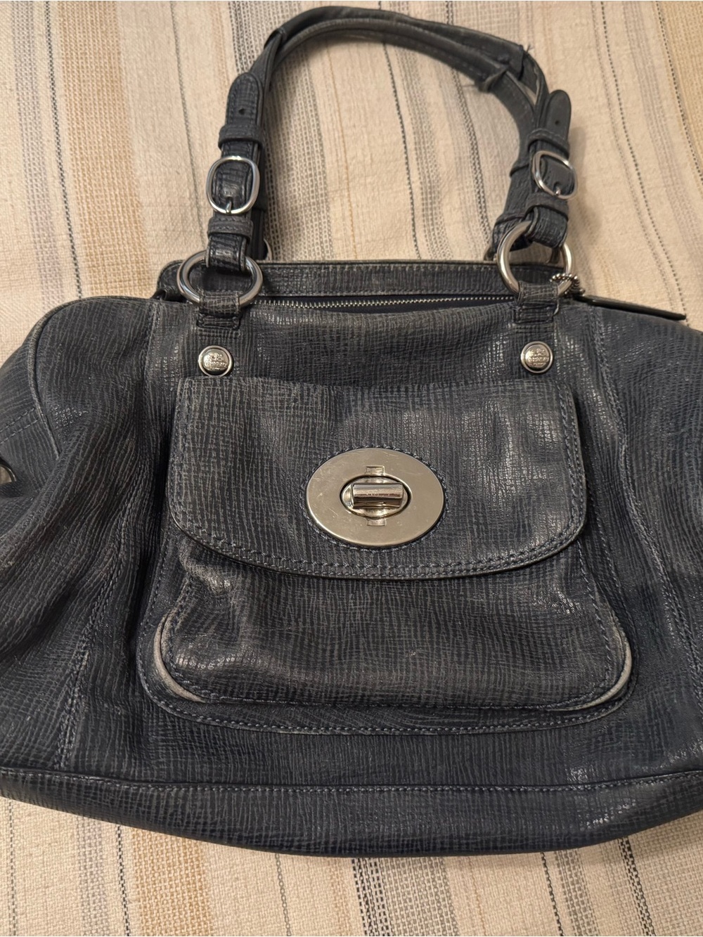 Women's Coach Navy Leather Turn-Lock Tote Bag